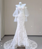 Elegant Mermaid Off The Shoulder Tulle Wedding Dresses Lace Brides Dress HZ1214
