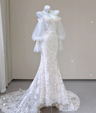 Elegant Mermaid Off The Shoulder Tulle Wedding Dresses Lace Brides Dress HZ1214