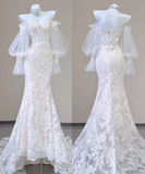 Elegant Mermaid Off The Shoulder Tulle Wedding Dresses Lace Brides Dress HZ1214