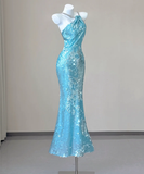 Classy Mermaid Spaghetti Straps Blue Sequin Evening Dress Long Prom Dresses HZ1214