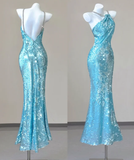 Classy Mermaid Spaghetti Straps Blue Sequin Evening Dress Long Prom Dresses HZ1214
