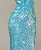Classy Mermaid Spaghetti Straps Blue Sequin Evening Dress Long Prom Dresses HZ1214