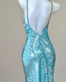 Classy Mermaid Spaghetti Straps Blue Sequin Evening Dress Long Prom Dresses HZ1214