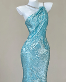 Classy Mermaid Spaghetti Straps Blue Sequin Evening Dress Long Prom Dresses HZ1214