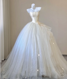 Elegant Ball Gown Strapless Tulle Satin Wedding Dresses Long Brides Dress HZ1214