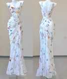 Classy Mermaid Square Neckline Floral Chiffon White Long Prom Dresses HZ1214