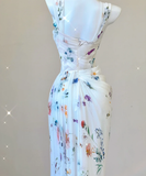 Classy Mermaid Square Neckline Floral Chiffon White Long Prom Dresses HZ1214
