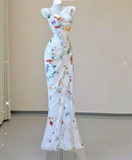 Classy Mermaid Square Neckline Floral Chiffon White Long Prom Dresses HZ1214
