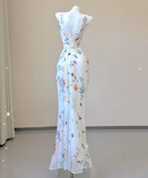 Classy Mermaid Square Neckline Floral Chiffon White Long Prom Dresses HZ1214