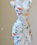 Classy Mermaid Square Neckline Floral Chiffon White Long Prom Dresses HZ1214