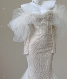 Elegant Mermaid Off The Shoulder Sequin Long Sleeves Wedding Dresses Brides Dress HZ1214