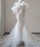 Elegant Mermaid Off The Shoulder Sequin Long Sleeves Wedding Dresses Brides Dress HZ1214