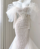 Elegant Mermaid Off The Shoulder Sequin Long Sleeves Wedding Dresses Brides Dress HZ1214