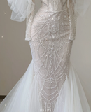 Elegant Mermaid Off The Shoulder Sequin Long Sleeves Wedding Dresses Brides Dress HZ1214