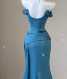 Classy Mermaid Strapless Blue Satin Evening Dress Long Prom Dresses HZ1214