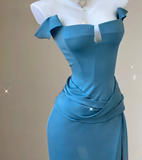 Classy Mermaid Strapless Blue Satin Evening Dress Long Prom Dresses HZ1214