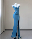 Classy Mermaid Strapless Blue Satin Evening Dress Long Prom Dresses HZ1214