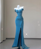 Classy Mermaid Strapless Blue Satin Evening Dress Long Prom Dresses HZ1214