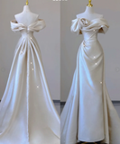 Elegant Mermaid Off The Shoulder Satin Short Sleeves Wedding Dresses Brides Dress HZ1214