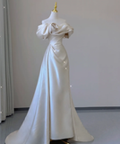 Elegant Mermaid Off The Shoulder Satin Short Sleeves Wedding Dresses Brides Dress HZ1214
