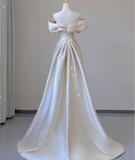 Elegant Mermaid Off The Shoulder Satin Short Sleeves Wedding Dresses Brides Dress HZ1214