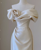 Elegant Mermaid Off The Shoulder Satin Short Sleeves Wedding Dresses Brides Dress HZ1214