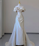 Elegant Mermaid Off The Shoulder Satin Short Sleeves Wedding Dresses Brides Dress HZ1214
