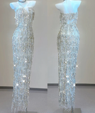Classy Sheath Strapless Silver Sequin Evening Dress Long Prom Dresses HZ1214