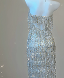 Classy Sheath Strapless Silver Sequin Evening Dress Long Prom Dresses HZ1214