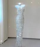 Classy Sheath Strapless Silver Sequin Evening Dress Long Prom Dresses HZ1214