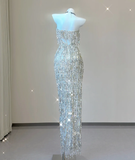 Classy Sheath Strapless Silver Sequin Evening Dress Long Prom Dresses HZ1214