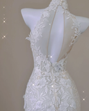 Elegant Mermaid High Neckline White Lace Sleeveless Wedding Dresses Brides Dress HZ1214