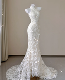 Elegant Mermaid High Neckline White Lace Sleeveless Wedding Dresses Brides Dress HZ1214
