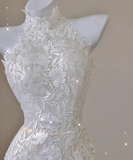 Elegant Mermaid High Neckline White Lace Sleeveless Wedding Dresses Brides Dress HZ1214
