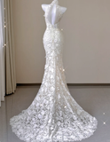 Elegant Mermaid High Neckline White Lace Sleeveless Wedding Dresses Brides Dress HZ1214