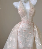 Classy Mermaid Halter Pink Lace Sleeveless Evening Dress Long Prom Dresses HZ1214