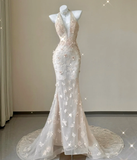 Classy Mermaid Halter Pink Lace Sleeveless Evening Dress Long Prom Dresses HZ1214