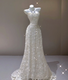 Elegant A Line Strapless White Lace Sleeveless Long Wedding Dresses Brides Dress HZ1214