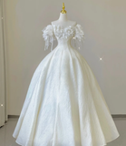 Elegant Ball Gown Off The Shoulder White Lace Short Sleeves Wedding Dresses Brides Dress HZ1214