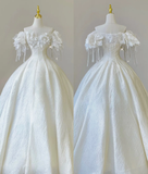 Elegant Ball Gown Off The Shoulder White Lace Short Sleeves Wedding Dresses Brides Dress HZ1214