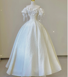 Elegant Ball Gown Off The Shoulder White Lace Short Sleeves Wedding Dresses Brides Dress HZ1214