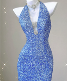 Classy Mermaid Halter V Neckline Blue Sequin Evening Dress Long Prom Dresses HZ1214
