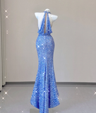 Classy Mermaid Halter V Neckline Blue Sequin Evening Dress Long Prom Dresses HZ1214