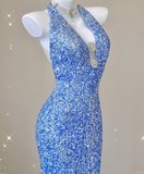 Classy Mermaid Halter V Neckline Blue Sequin Evening Dress Long Prom Dresses HZ1214