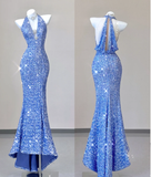 Classy Mermaid Halter V Neckline Blue Sequin Evening Dress Long Prom Dresses HZ1214