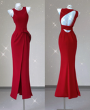Classy Mermaid Jewel Red Satin Slit Evening Dress Long Prom Dresses HZ1214