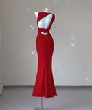 Classy Mermaid Jewel Red Satin Slit Evening Dress Long Prom Dresses HZ1214