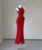 Classy Mermaid Jewel Red Satin Slit Evening Dress Long Prom Dresses HZ1214