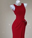 Classy Mermaid Jewel Red Satin Slit Evening Dress Long Prom Dresses HZ1214