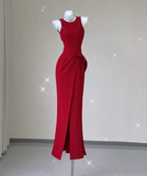 Classy Mermaid Jewel Red Satin Slit Evening Dress Long Prom Dresses HZ1214